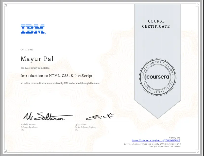 Certificate for Introduction to HTML, CSS, & JavaScript